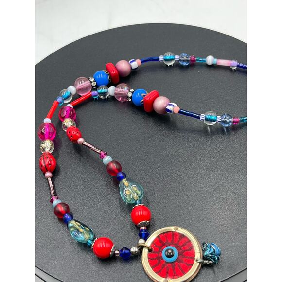 Designer Signed Artisan Evil Eye Multicolor Red Blue Glass Resin Necklace - Picture 7 of 8